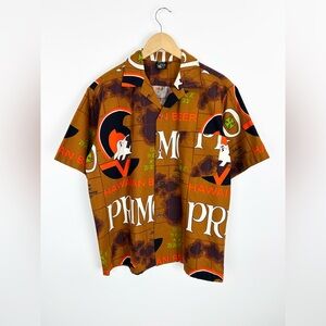 Vintage Primo Beer Shirt Mens Large Print Hawaiian Button Down Novelty Short Slv